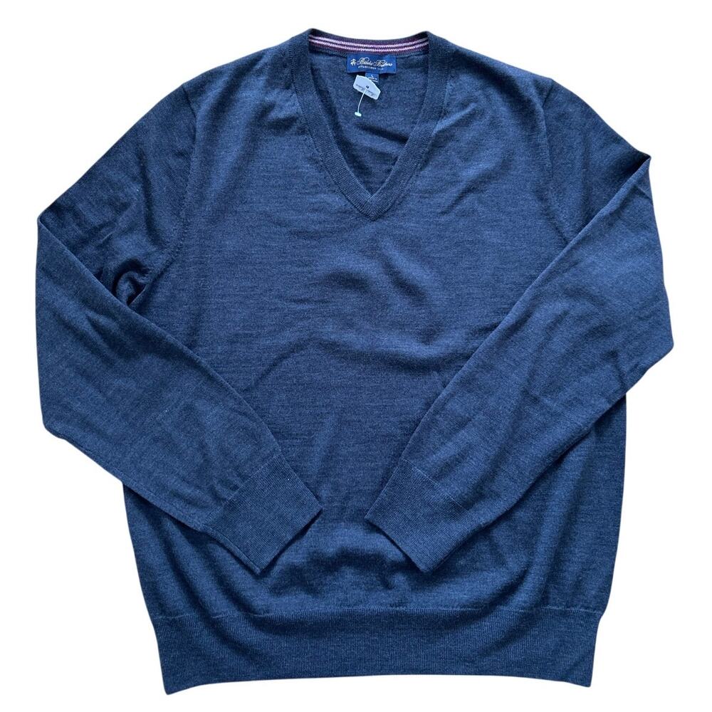 NWT Brooks Brothers Dark Charcoal Grey Merino Wool V-Neck Long Sleeve Sweater